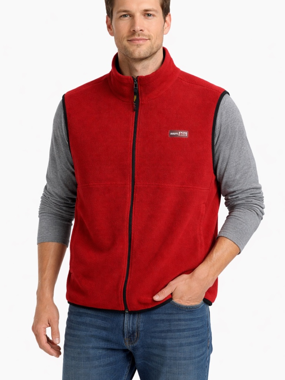 REI Mens XL Red Fleece Full Zip Vest Mock Neck Outdoor Gorpcore Layering